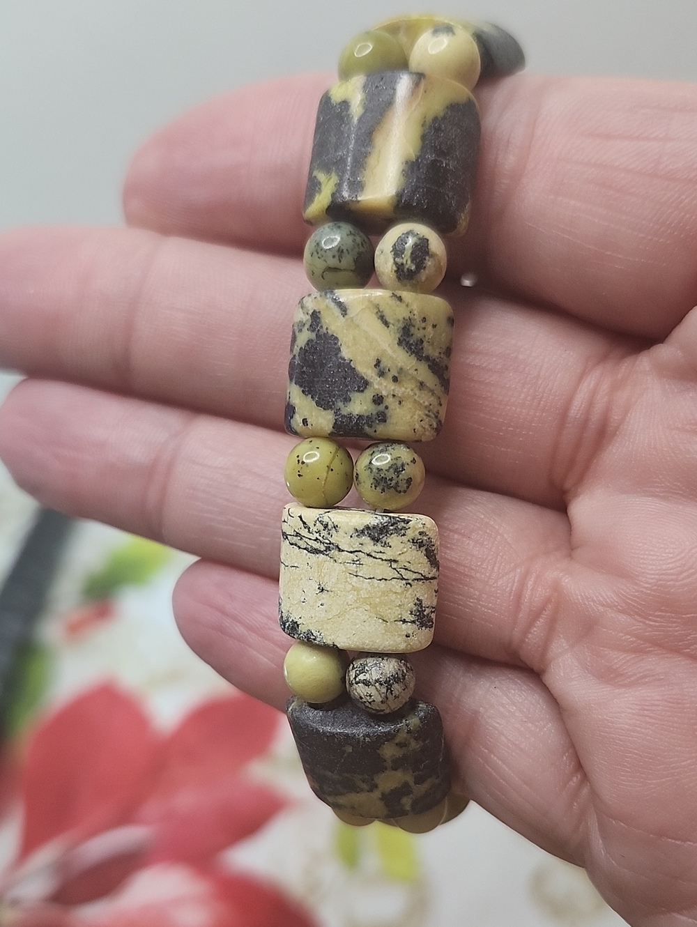 Natural Jasper Beaded Stretch Bracelet in Olive Green and Tan